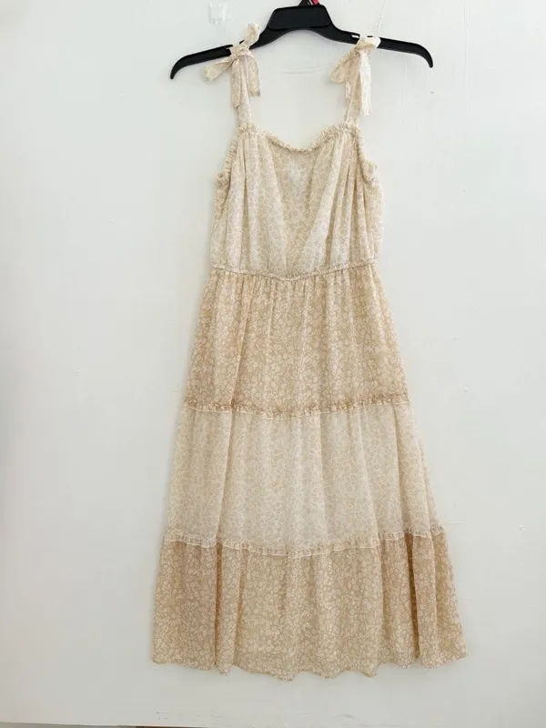 NEW Sincerely Jules floral tiered midi dress Tan cream cottagecore peasant LARGE - Image 2