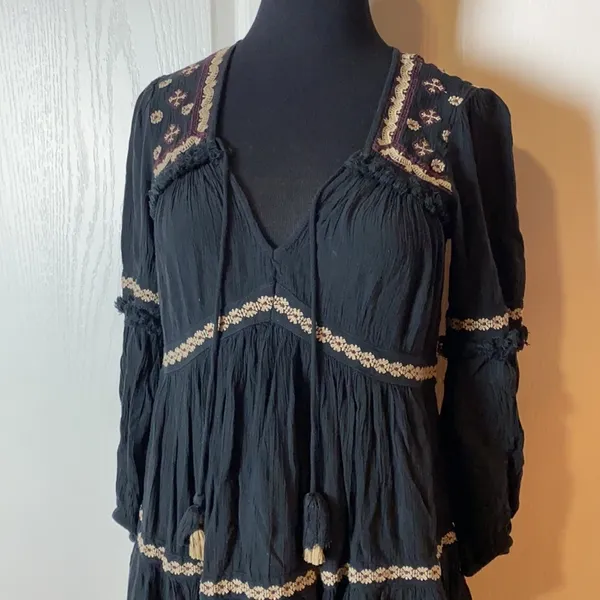American Eagle Black Embroidered Boho Long Sleeve Mini Dress - Image 3