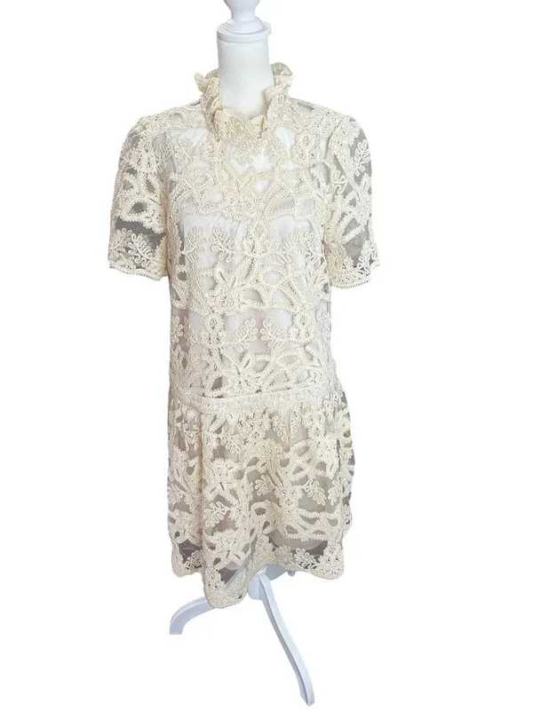 Current Air Ivory Lace Mock Neck Drop Waist Mini Dress M - Image 2