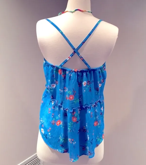 Hollister Y2K Blue Boho Floral Ruffle Cami Babydoll Tank Top - Image 4