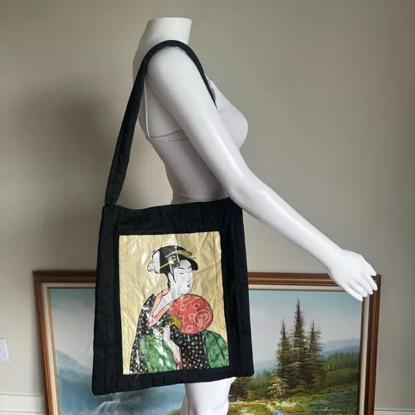 Vintage Black & Gold Geisha Print Quilted Tote Bag - Image 2
