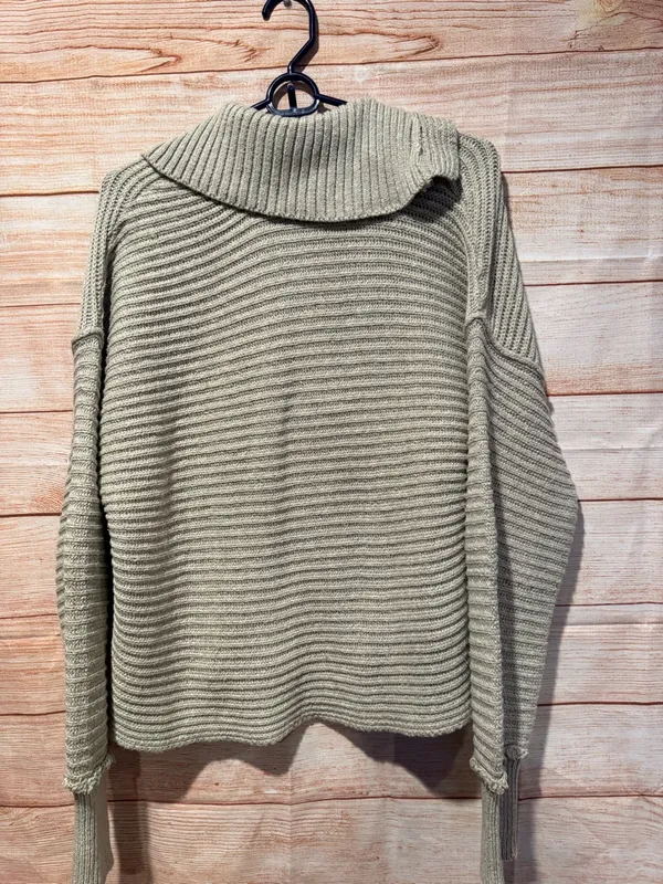 Free People Olive Ribbed V-Neck Foldover Collar Sweater XS fits sm Md - Image 2