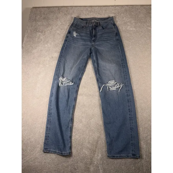 American Eagle High Rise Baggy Jean Blue Women's Jeans‎ Size 6 Distressed - Image 2