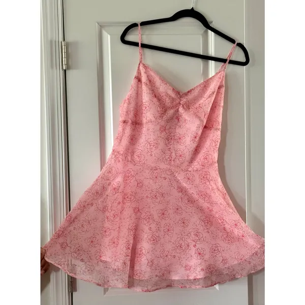 Urban Outfitters Fit-And-Flare Chiffon Mini Dress Pink Roses Medium Coquette NEW - Image 6
