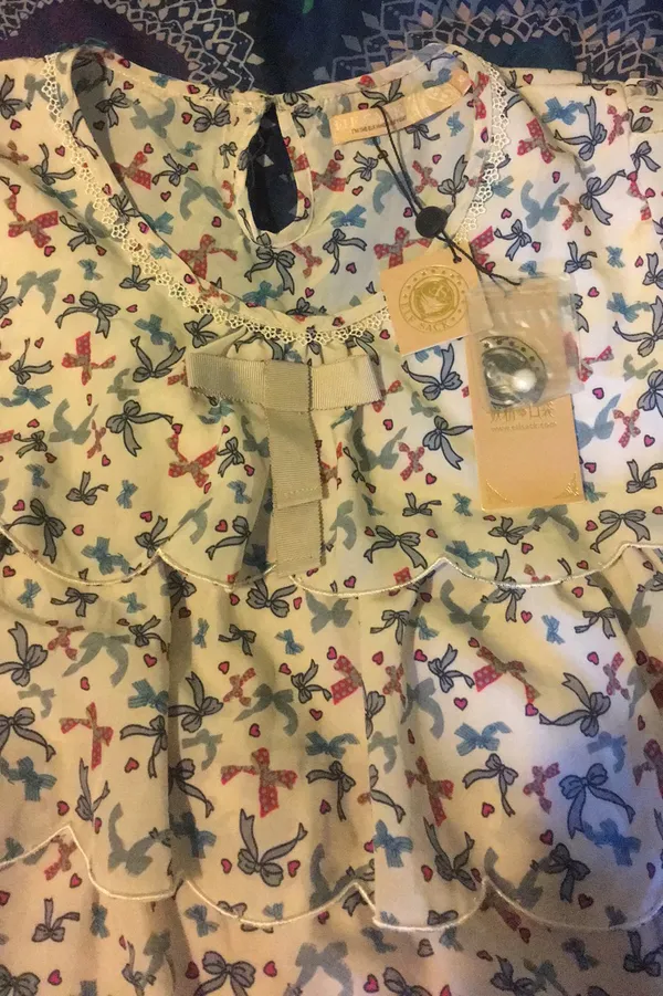 ELF SACK Beige Multi Bows Hearts Print Ruffled 3/4-Sleeve Blouse Top $70 NWT XL like M - L - Image 6
