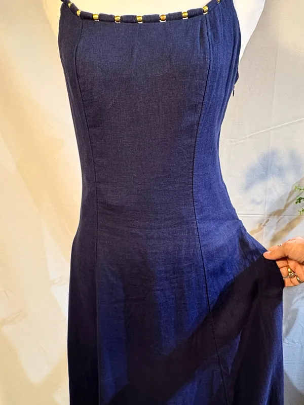 💥Calypso St. Barth Linen Blend Beaded Strap Navy Maxi Dress Sz S🧡 - Image 8