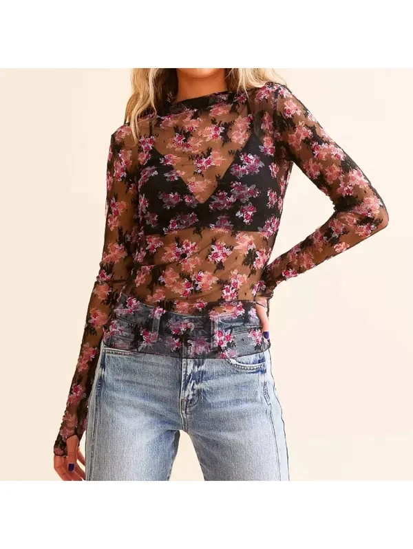 Free People Lady Lux Lace Feminine Layering Top Black & Pink Floral size small - Image 3