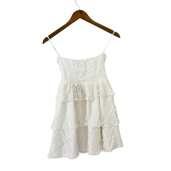Lulus Sweet Perception White Lace Strapless Tiered Mini Dress size XXS NWT - Image 4