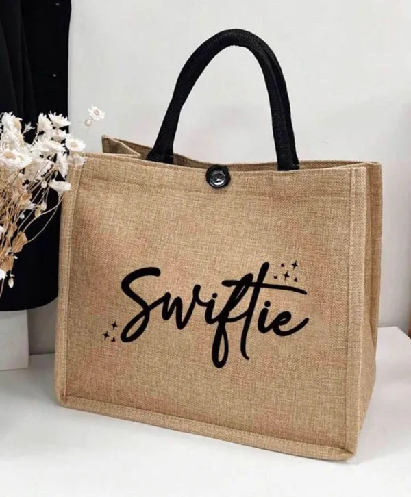 1pc Khaki Reusable Canvas Tote Bag For Women With Star, Heart, Swiftie Letter Print, Convenient For Outing - Image 2