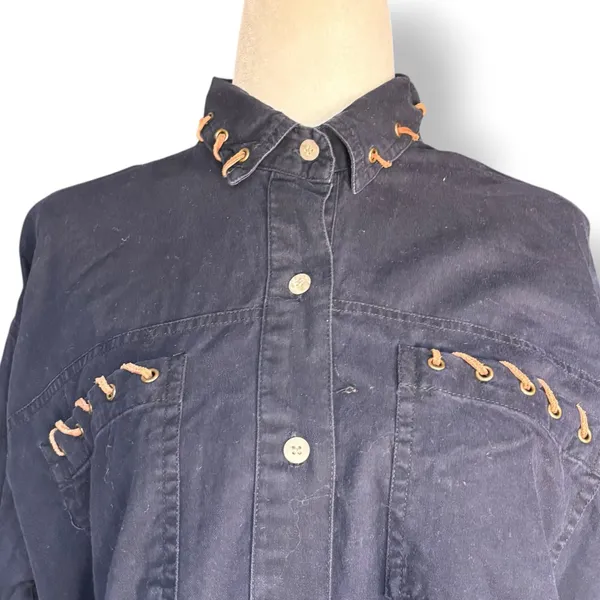 Vintage Black Lace Up‎ Western Shirt Women’s Small Cotton Button Down Ranch Top - Image 2
