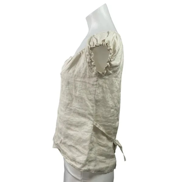 Brandy Melville Beige 100% Linen Short Sleeve Tie Back Henley Blouse Top Size M - Image 2