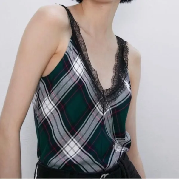 ✨ ZARA plaid lace cami tank top green✨ - Image 3