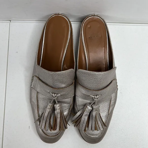 Aquatalia Size 10 Stella Metallic Tumbled Mules Platinum Women's Tonal Tassels - Image 7