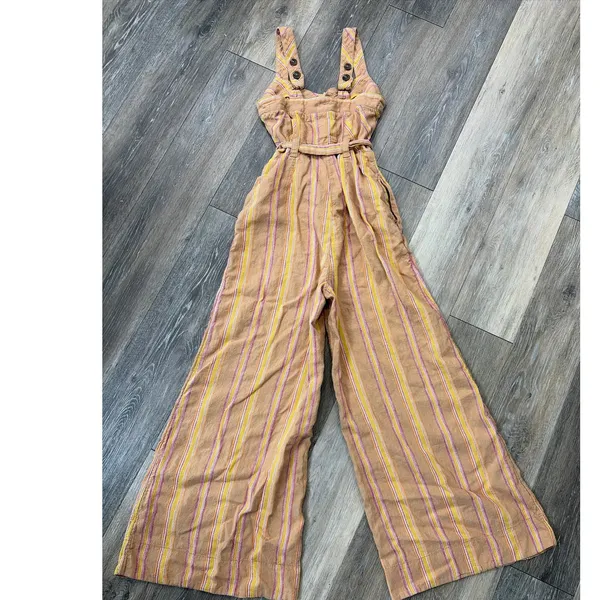 Anthropologie Striped Linen Blend Wide Leg Jumpsuit Belted Tan Size 0 - Image 9