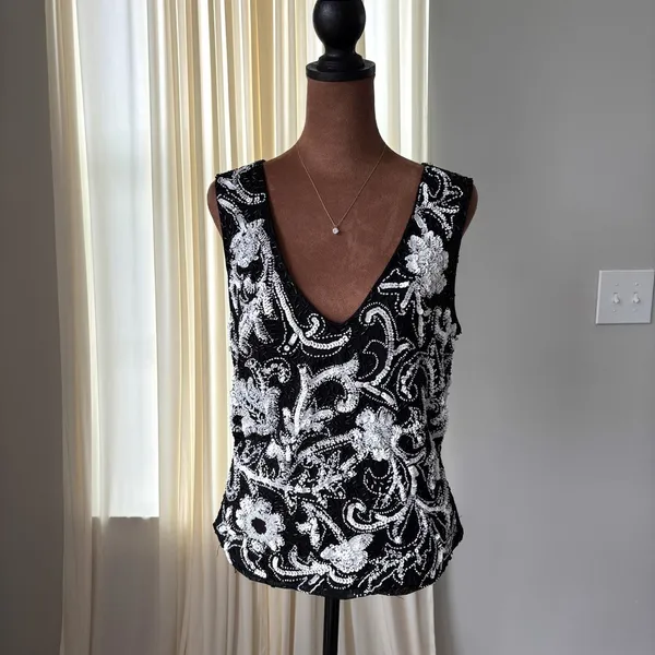 90s Vintage Cache Top Large Black White Beaded Sequin Floral Y2K Glam Whimsygoth - Image 3