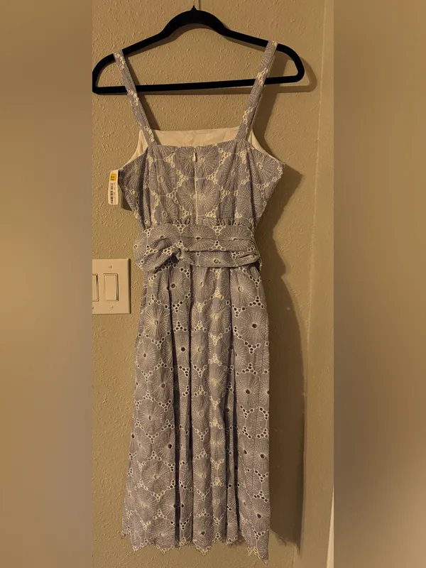 NWT ANTONIO MELANI Light Blue Eyelet Midi Dress with Waist Tie - Image 6