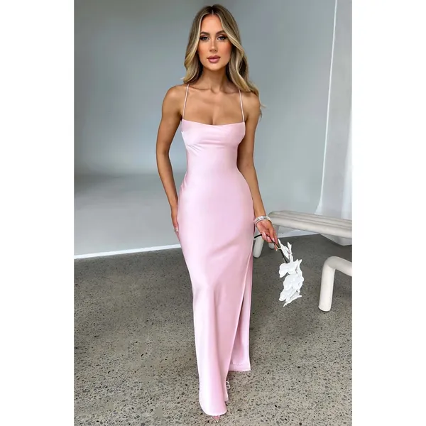 NWT Babyboo Makalita Blush Pink Satin Lace Up Back Slit Slip Maxi Dress Size XS - Image 5