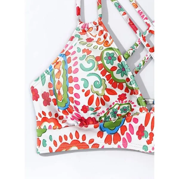 Boutique Colorful Floral Push Up V Neck Bikini Crisscross Back Two-Piece Swimsuit LARGE - Image 5