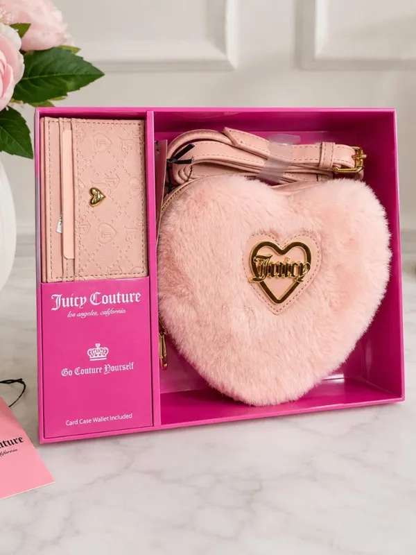 Juicy Couture Heart Faux Fur Crossbody Taffy Pink Card Case Box NWT - Image 2