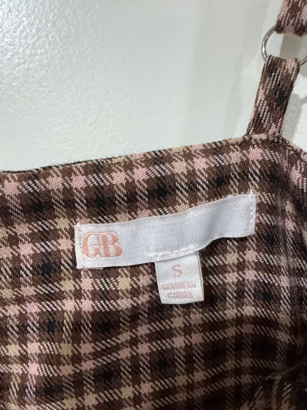 GB girls Brown Plaid Spaghetti-Strap Mini Dress with Subtle Cream Lines / AA43 - Image 3