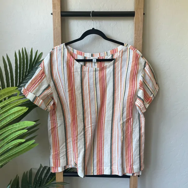 A New Day Women's Striped Short-Sleeve Linen Blend Top - Coral Multi XL - Image 2