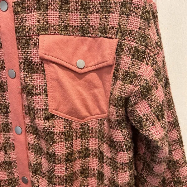 Polagram Pink Plaid Mixed Media Snap Front Shacket Jacket PSJ1287 Womens Large - Image 5