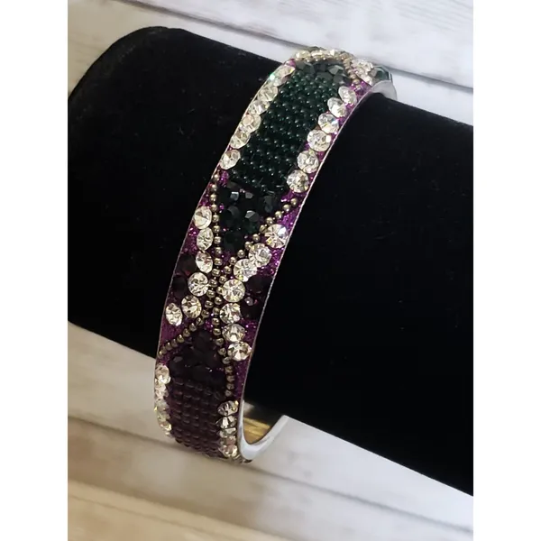 Vintage Bracelet / Bangle Purple & Green Tones with Clear Gems 7" - Image 8