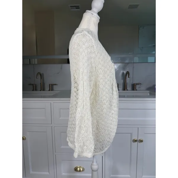 Ann Taylor Cardigan Women XL Cream Open Front Crochet Knit Pointelle - Image 4