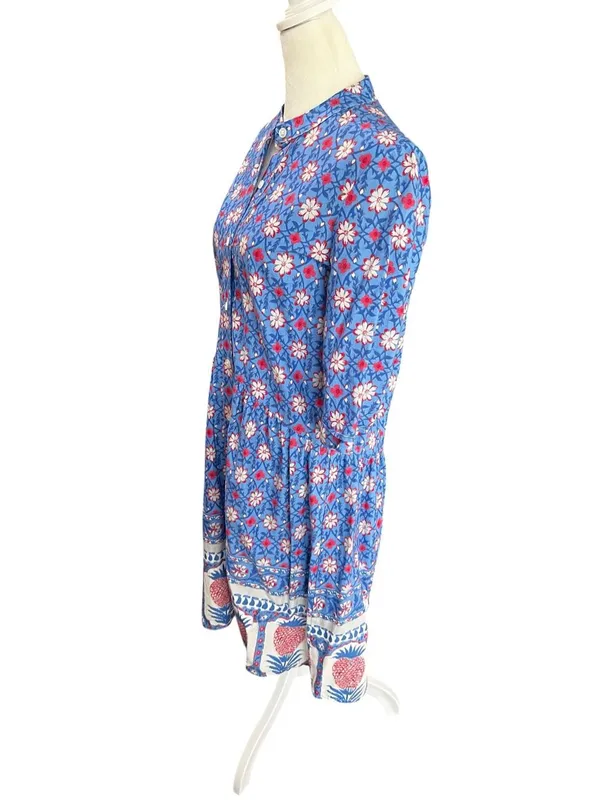 Tuckernuck Blue Floral Block Print Cotton Mini Dress XS Boho Preppy Cottagecore - Image 4