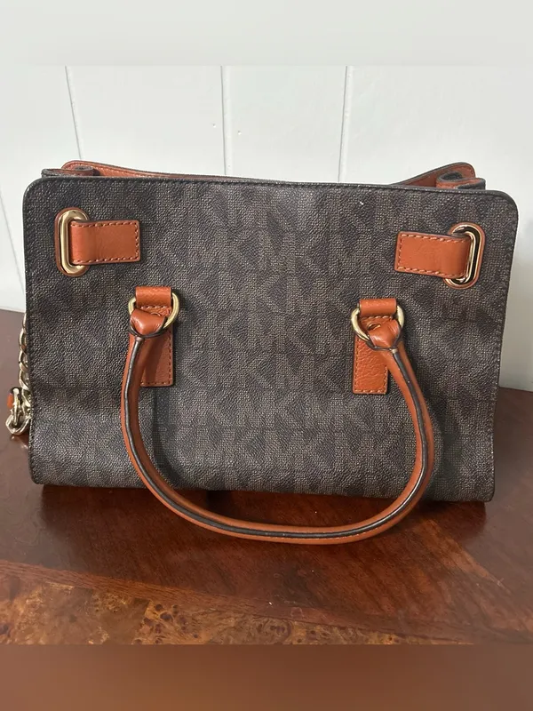 Michael Kors Hamilton Satchel Brown Monogram Canvas Tan Leather Gold Padlock Bag - Image 2