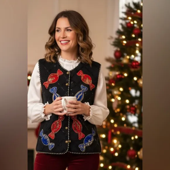 VINTAGE Belle Point Christmas Knit Vest Sz M - Image 2