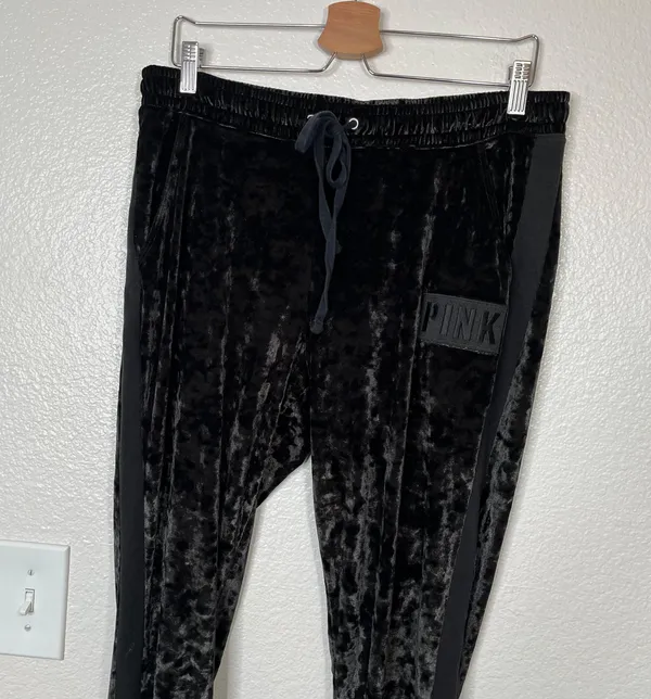 Victorias Secret PINK Womens Black Velvet Drawstring Joggers Size L - Image 3