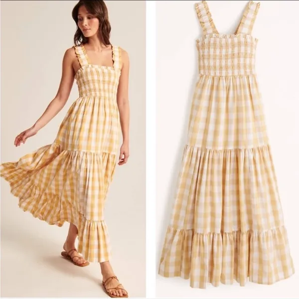 Abercrombie & Fitch Plaid Maxi Dress Yellow White Picnic Long Ruffle Small - Image 3