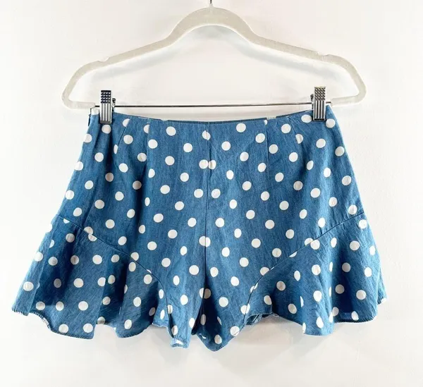 AQUA Polka Dot Ruffle Hem Flutter Denim Shorts Blue White Medium - Image 11