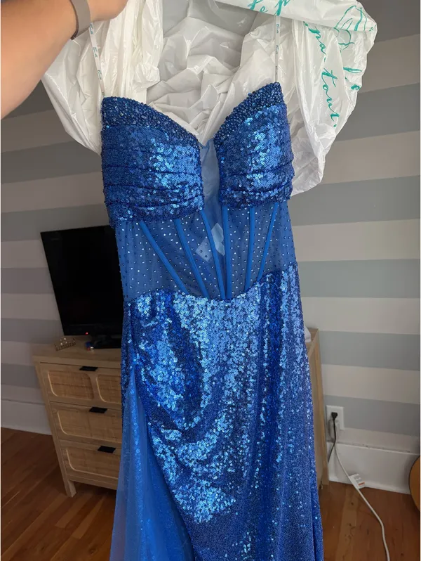 Blue Sequin Camille La Vie Prom Dress - Image 6
