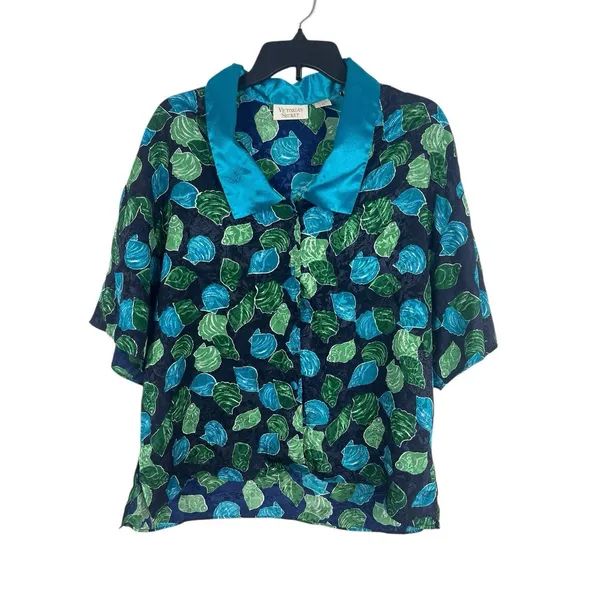 Victoria’s Secret Satin Pajama Set L Gold Label Teal Button Top & Shorts 90s VTG - Image 2