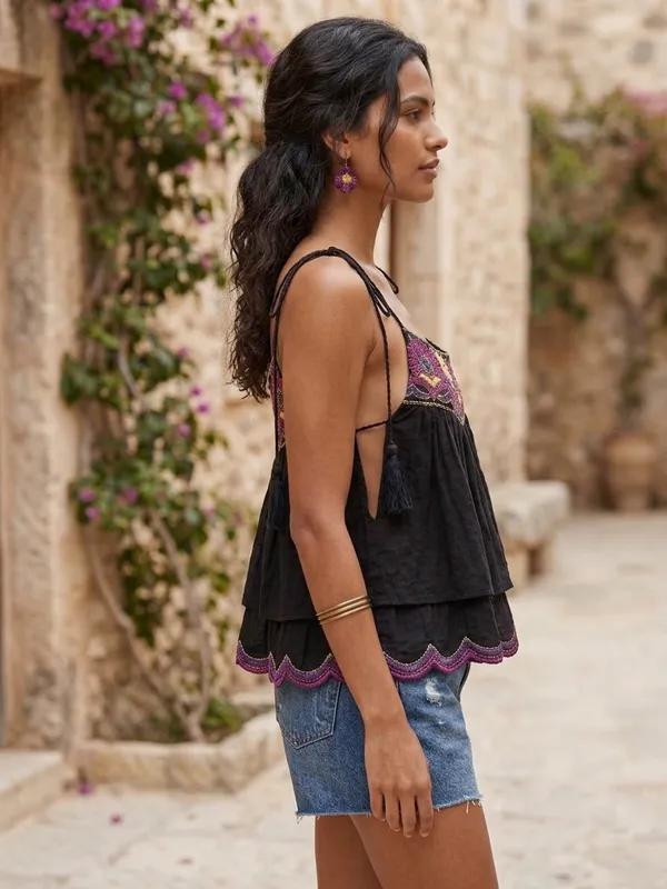 Free People Black Tiered Embroidered Tie-String Camisole - Image 2