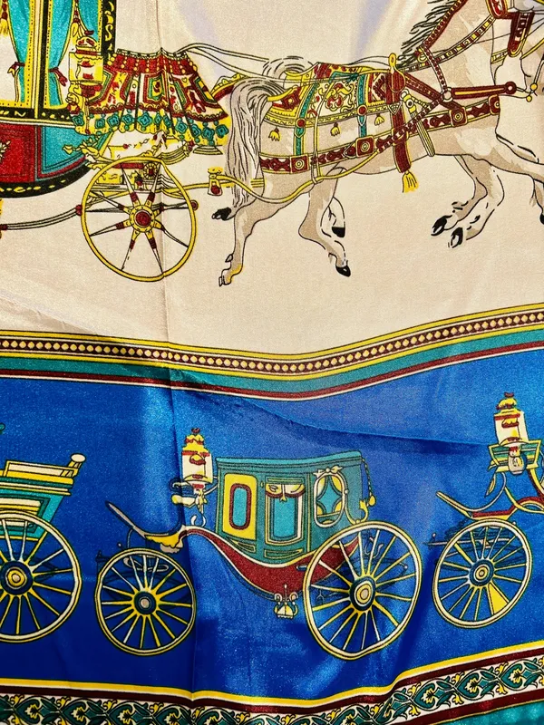 VINTAGE EQUESTRIAN horse&carriage ROYAL BLUE silky SCARF 35’/35’ inches - Image 16