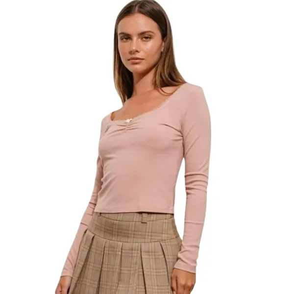 Pretty Garbage Long Sleeve Baby Tee Size L Pink Rib Knit Scoop Dainty Lace‎ Top - Image 3