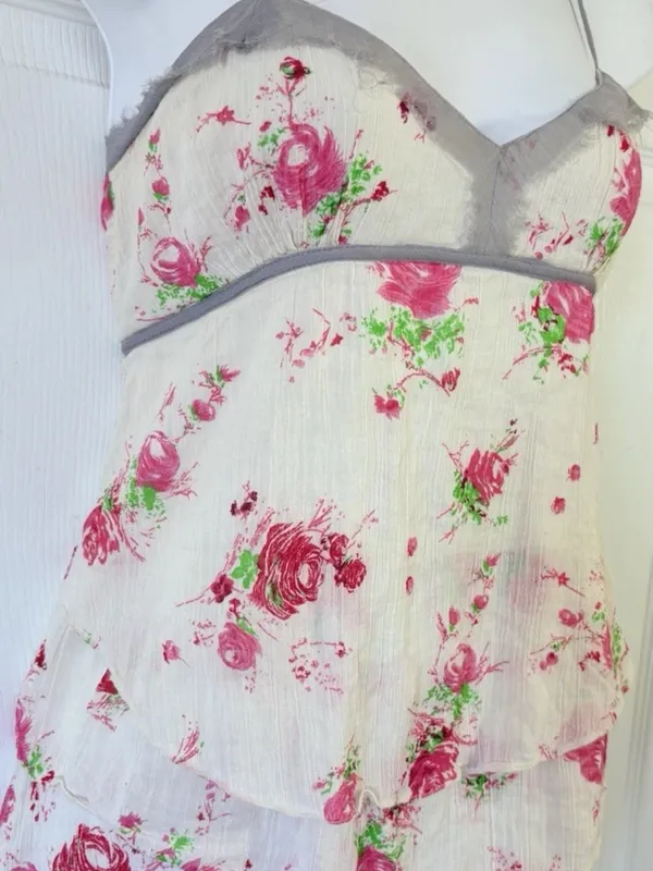 Vtg Free People Floral Tiered Boho Cottagecore crochet Cami Pink & Green 8 - Image 2