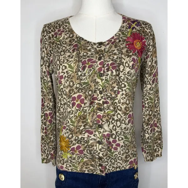 Anthropologie Sparrow Purrfect Posy Cardigan M Leopard Floral Ribbon Wool - Image 2