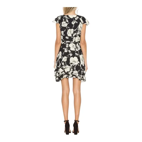 Free People Floral Wrap Mini Dress Womens Size Small Black White Ruffle Flutter‎ - Image 3