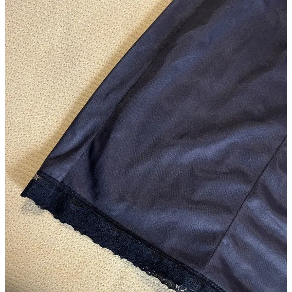 VTG Wonder Maid Nightgown SLIP Navy Black Satin Full Slip Lace SZ 38 Negligee - Image 3