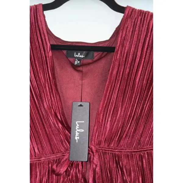 Lulus Luxe Designs Wine Red Plisse Satin Long Sleeve Tie-Front Top Sold Out - Image 2