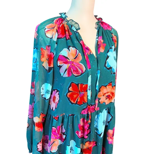 Lark + Grey Womens L Green Floral Ruffle Tie Neck Long Sleeve Tiered Midi Dress - Image 2