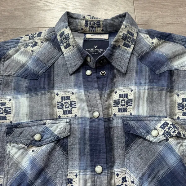 American‎ Eagle Outfitters Boyfriend Fit Plaid Western Flannel Shirt Blue XSmall - Image 3