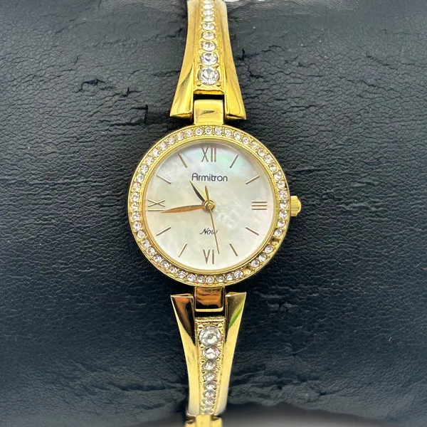 Armitron Now Gold Tone Crystal Bezel Mother Pearl Women’s Watch New Battery - Image 2