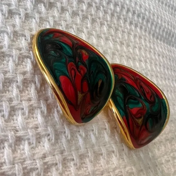Vintage Multicolor‎ Hand Painted Earrings Green - Image 6