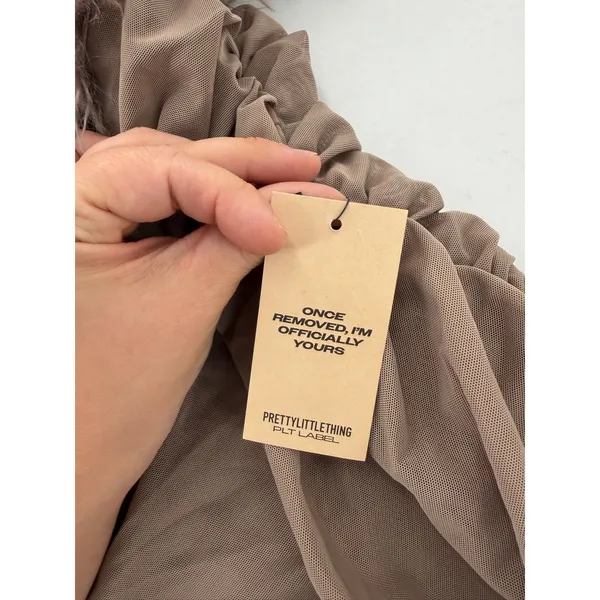 PrettyLittleThing Plus Taupe Faux Shearling Bardot Ruched Mini Dress 26 NWT Club - Image 4