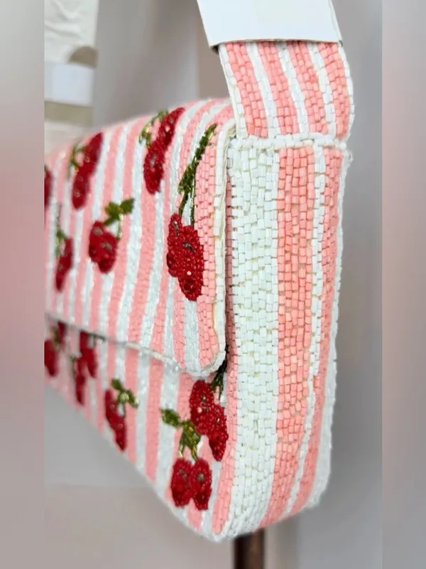 NWT Beaded Cherry Shoulder Bag Pink White Handmade India Viral TikTok Purse - Image 11
